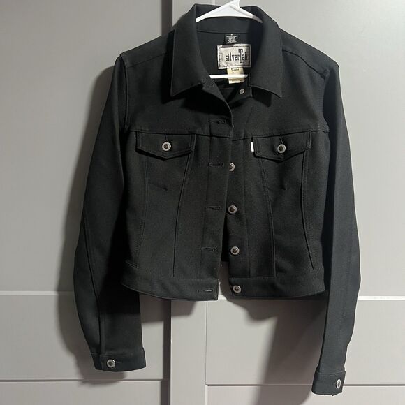 Levi’s Silver Tab Women Button Crop Trucker Jacket Black Medium Polyester - Picture 1 of 5